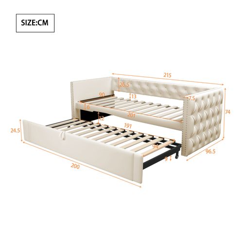 Lit Enfant 90x200 Cm Canapé‑lit Gigogne 90x190 Cm En Velours Beige Avec Sommier à Lattes