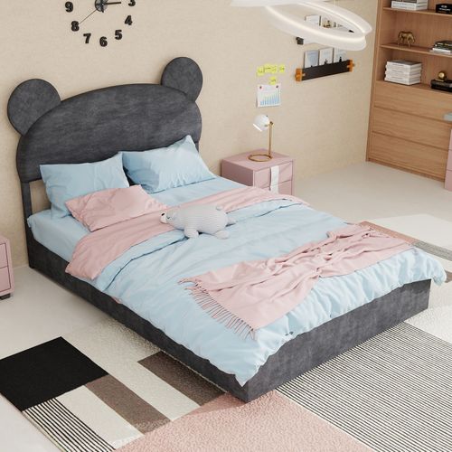 Lit Enfant 140x200 Cm Avec Rangement à Coffre, Tête Cartoon, Tissu Gris Et Métal