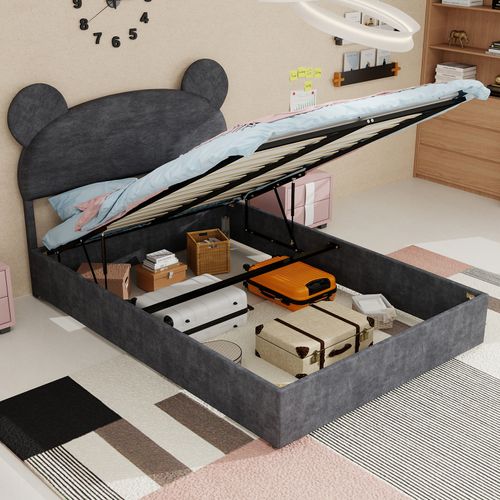 Lit Enfant 140x200 Cm Avec Rangement à Coffre, Tête Cartoon, Tissu Gris Et Métal