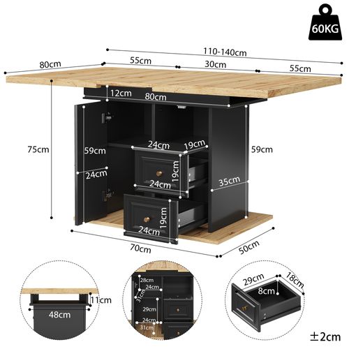Table à Manger Extensible 110–140 X 80 X 75 Cm Avec Portes Et 2 Tiroirs, Bois Naturel Et Métal