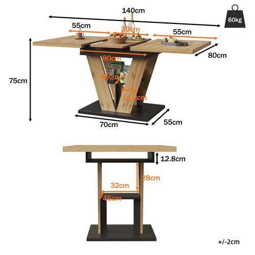 Table à Manger Extensible 110-140 Cm Avec Rangement, Plateau Effet Bois Naturel, Pieds Métal