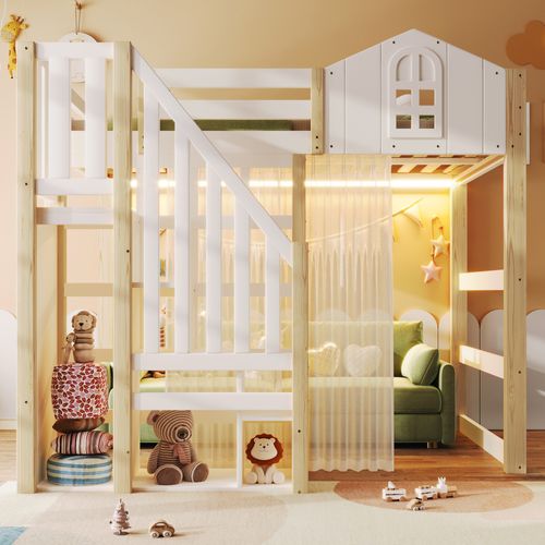 Lit Mezzanine 140x200 Cm Avec LED, Échelle à Étagères Et Rangement Ouvert, Pin Blanc Et Naturel