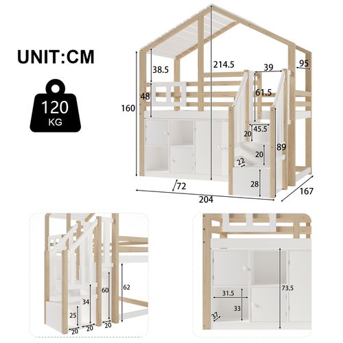 Lit Mezzanine Cabane 90x200 Cm En Pin Blanc Et Naturel Avec Rangements Ouverts Et 4 Portes