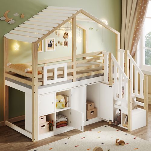 Lit Mezzanine Cabane 90x200 Cm En Pin Blanc Et Naturel Avec Rangements Ouverts Et 4 Portes