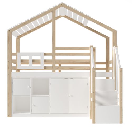 Lit Mezzanine Cabane 90x200 Cm En Pin Blanc Et Naturel Avec Rangements Ouverts Et 4 Portes