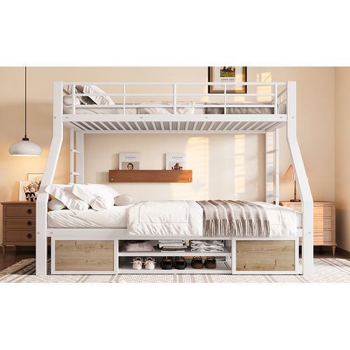 Lit Superposé 90x200/140x200 Cm Avec Meuble à Chaussures Et 2 Rangements, Métal Blanc