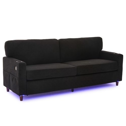 Canapé 2 Places Noir En Tissu Chenille Avec Port USB‑c, LED, Porte‑gobelets Et Poches Latérales
