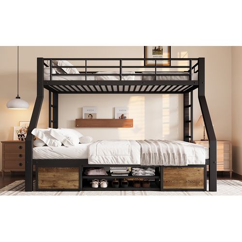 Lit Superposé 90x200/140x200cm Avec Meuble à Chaussures Et 2 Rangements, Métal Noir, Certifié En747