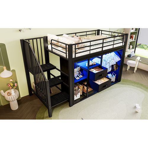Lit Mezzanine Enfant 90x200 Cm Métal Noir Avec LED, 2 Tiroirs Et Penderie, Rangements Ouverts