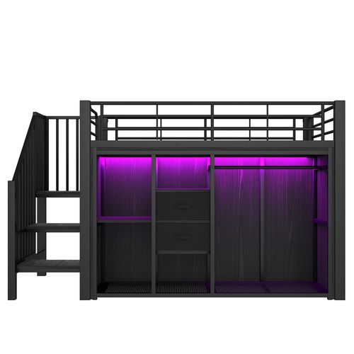 Lit Mezzanine Enfant 90x200 Cm Métal Noir Avec LED, 2 Tiroirs Et Penderie, Rangements Ouverts