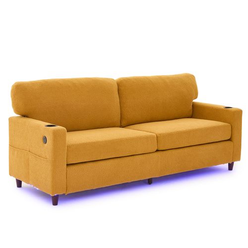 Canapé 2 Places En Chenille Jaune Moutarde Avec Port USB‑c, LED Et Porte‑gobelets