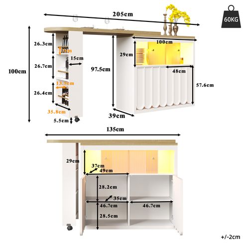 Table De Bar Blanche Extensible 135–205×39×100 Cm, LED, Avec Roulettes Et Rangements