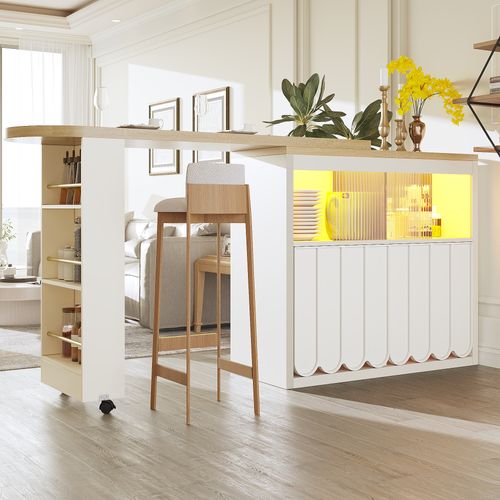 Table De Bar Blanche Extensible 135–205×39×100 Cm, LED, Avec Roulettes Et Rangements