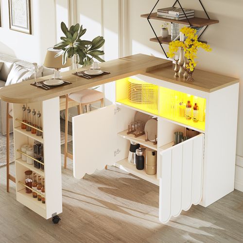 Table De Bar Blanche Extensible 135–205×39×100 Cm, LED, Avec Roulettes Et Rangements