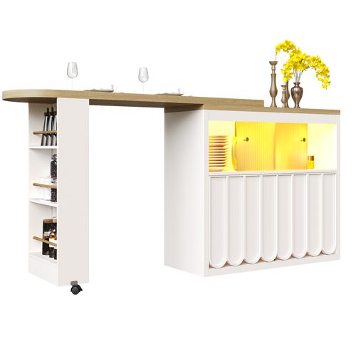 Table De Bar Blanche Extensible 135–205×39×100 Cm, LED, Avec Roulettes Et Rangements