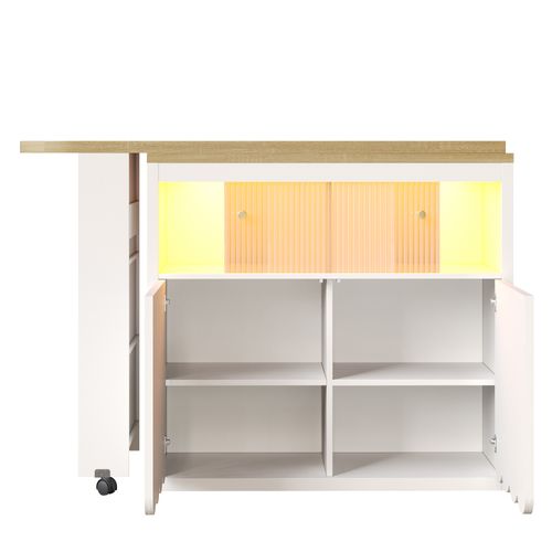 Table De Bar Blanche Extensible 135–205×39×100 Cm, LED, Avec Roulettes Et Rangements