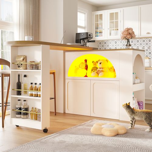 Table De Bar Extensible Blanche 135-205×39×100 Cm Avec LED, Roulettes, Rangements Et Port USB