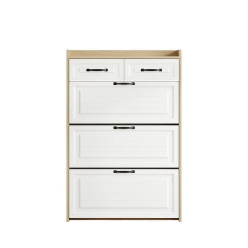 Meuble à Chaussures Blanc Et Naturel Grand Rangement, 3 Abattants + 2 Tiroirs, Poignées Métal