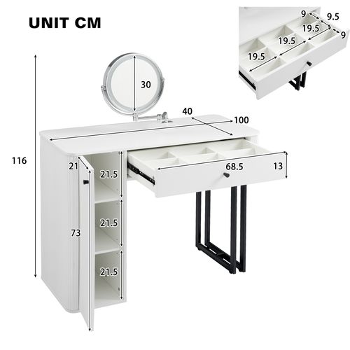Coiffeuse, Table De Maquillage Blanche, Miroir LED Dimmable, 1 Tiroir + 1 Porte, Cadre Métal