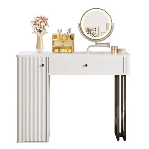 Coiffeuse, Table De Maquillage Blanche, Miroir LED Dimmable, 1 Tiroir + 1 Porte, Cadre Métal