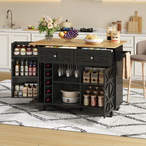 Desserte, Îlot De Cuisine Noir Plan Rabattable à Roulettes, 2 Tiroirs Et 2 Portes, Porte-bouteilles