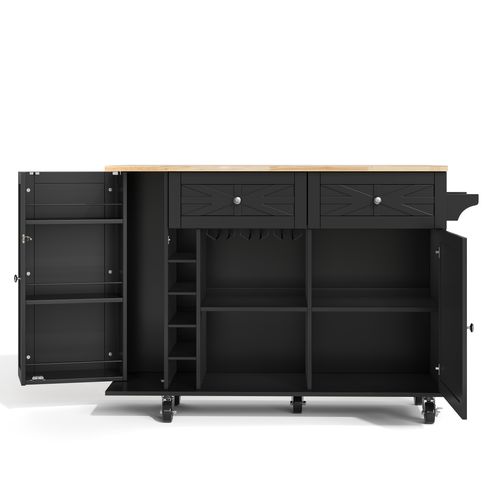 Desserte, Îlot De Cuisine Noir Plan Rabattable à Roulettes, 2 Tiroirs Et 2 Portes, Porte-bouteilles