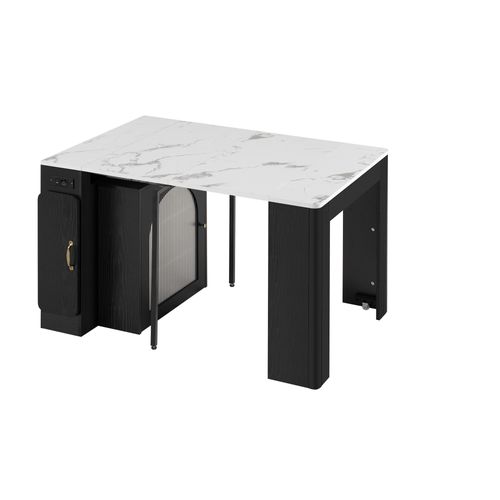 Îlot De Cuisine, Table De Bar Noir Et Blanc LED Extensible à Roulettes, Rangement, Prises USB/type‑c