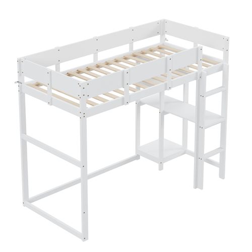 Lit Mezzanine Enfant 90x200 Cm Avec Étagère Intégrée, Pin Blanc, Sommier à Lattes
