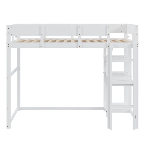 Lit Mezzanine Enfant 90x200 Cm Avec Étagère Intégrée, Pin Blanc, Sommier à Lattes