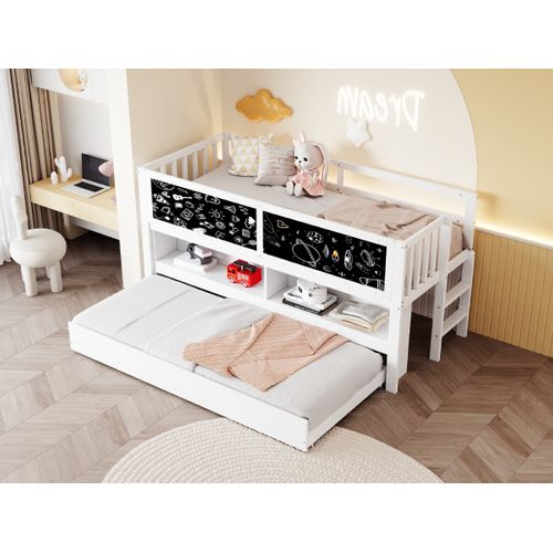 Lit Enfant Mi-haut 90x200 Cm Avec Lit Gigogne 90x190cm En Pin Brun, Rangements, Tableau Noir