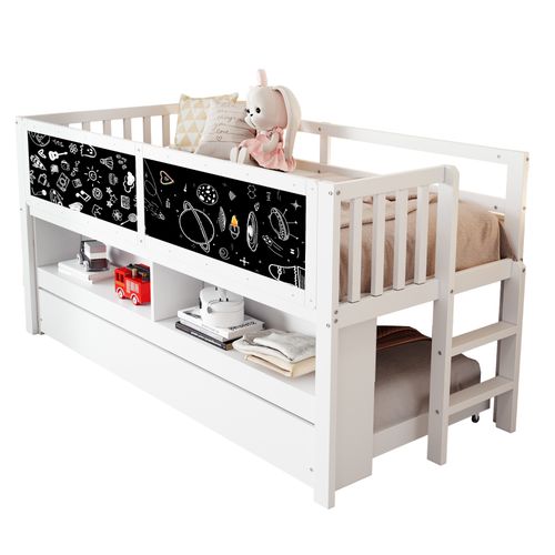 Lit Enfant Mi-haut 90x200 Cm Avec Lit Gigogne 90x190cm En Pin Brun, Rangements, Tableau Noir