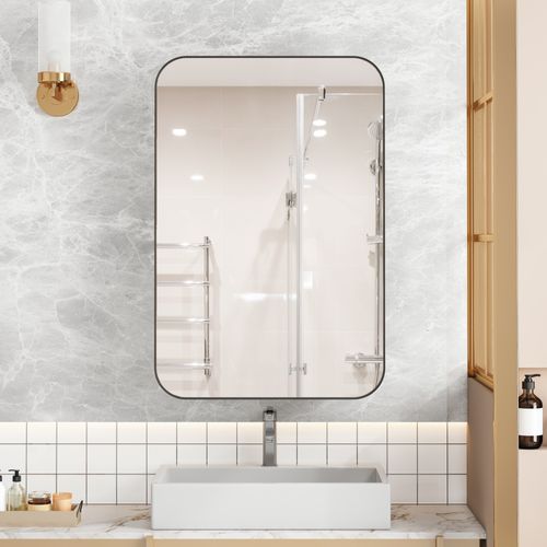 Miroir Avec Rangement Salle De Bain Noire, Cadre Métal, Armoire Cachée, Étagères Réglables