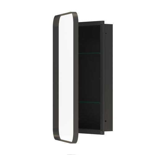 Miroir Avec Rangement Salle De Bain Noire, Cadre Métal, Armoire Cachée, Étagères Réglables