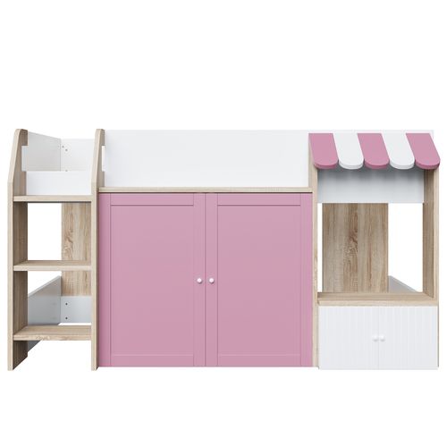 Lit Mi-haut Enfant 90x200 Cm Cabane En Pin, Blanc Et Rose, Avec 2 Portes Et Sommier à Lattes