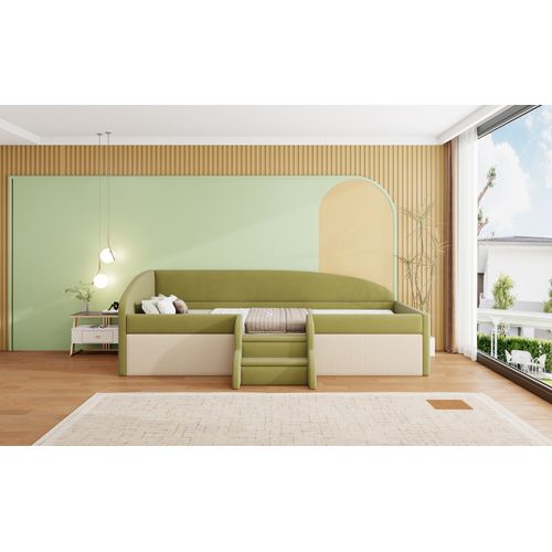 Lit Enfant 90x190 Cm Velours Vert Foncé Et Ivoire Avec Barrières Et Marches Antidérapantes