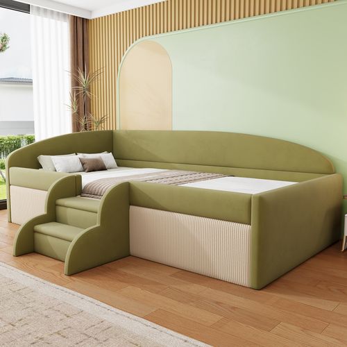 Lit Enfant 90x190 Cm Velours Vert Foncé Et Ivoire Avec Barrières Et Marches Antidérapantes