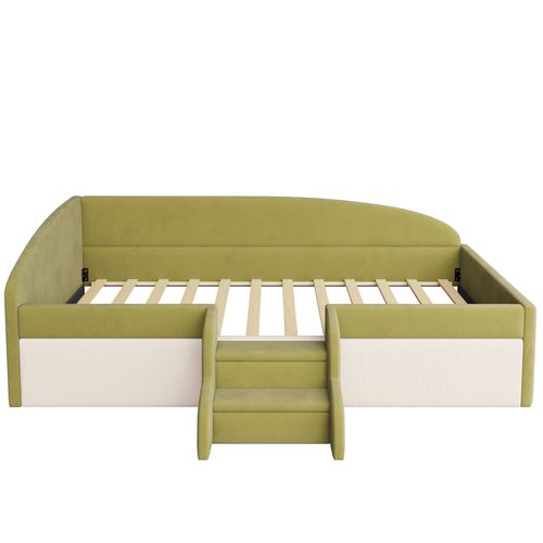 Lit Enfant 90x190 Cm Velours Vert Foncé Et Ivoire Avec Barrières Et Marches Antidérapantes