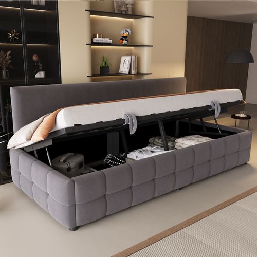 Lit Enfant 90x200 Cm Velours Gris Foncé Avec Coffre De Rangement Hydraulique Et Sommier à Lattes