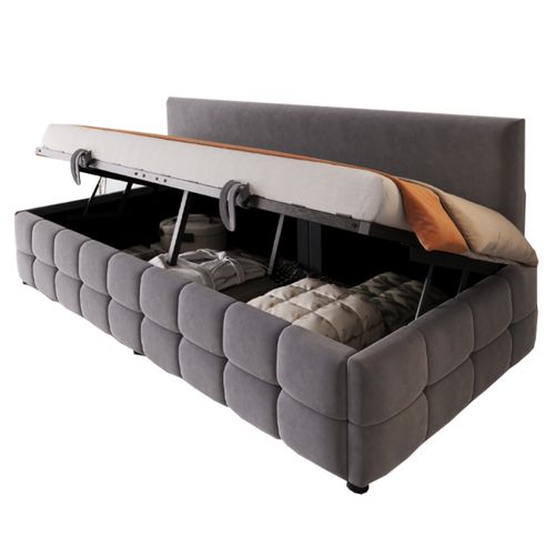 Lit Enfant 90x200 Cm Velours Gris Foncé Avec Coffre De Rangement Hydraulique Et Sommier à Lattes