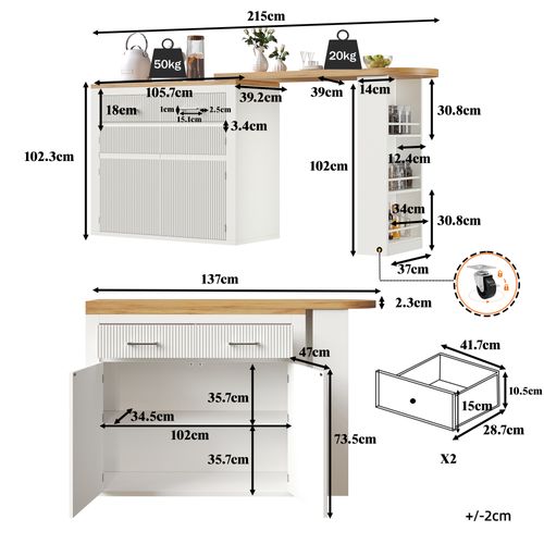 Table Bar Extensible 137-215×39×102,3 Cm Blanc Avec 1 Tiroir Et 2 Étagères