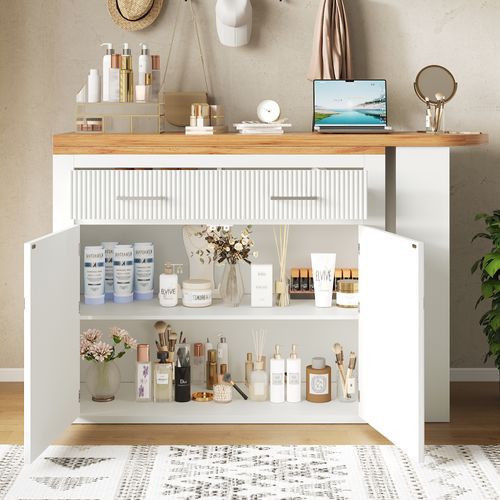 Table Bar Extensible 137-215×39×102,3 Cm Blanc Avec 1 Tiroir Et 2 Étagères