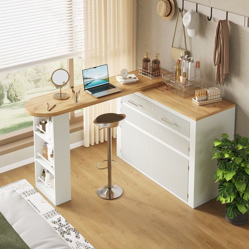 Table Bar Extensible 137-215×39×102,3 Cm Blanc Avec 1 Tiroir Et 2 Étagères