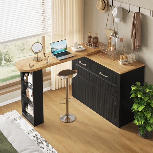 Table De Bar Extensible 137-215×39×102,3 Cm Avec Tiroir Et 2 Étagères, Plateau Pivotant