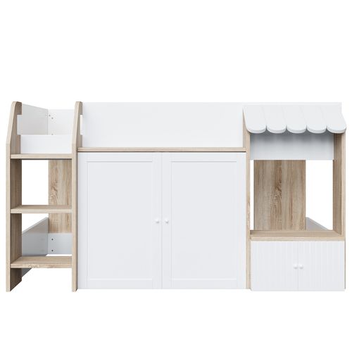 Lit Enfant Mi-haut 90x200 Cm Cabane En Bois Naturel Et Blanc, Avec 2 Portes Et Échelle Large