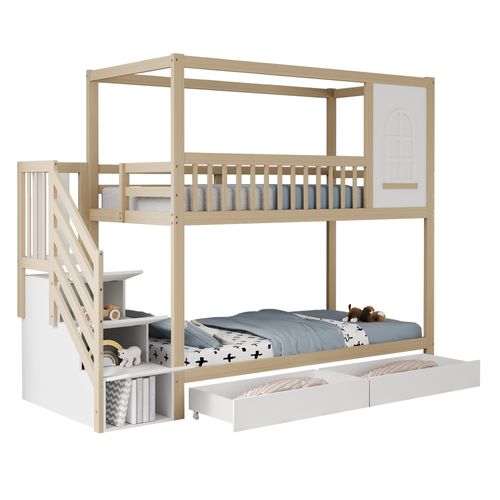 Lit Superposé Enfant 90x200 Cm Bois Naturel, Fenêtre Et 2 Tiroirs, Escalier Avec Rangement Intégré