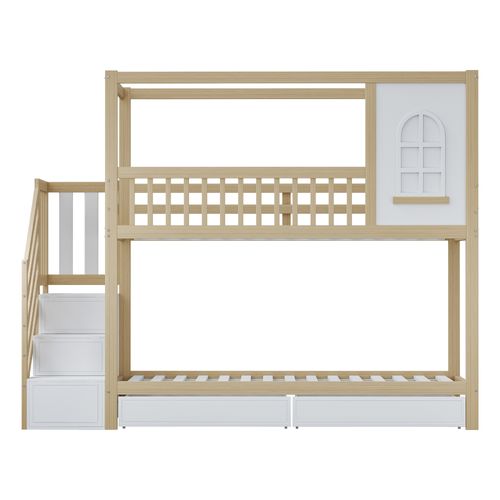 Lit Superposé Enfant 90x200 Cm Bois Naturel, Fenêtre Et 2 Tiroirs, Escalier Avec Rangement Intégré