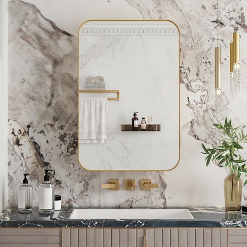 Miroir Avec Rangement Salle De Bain Dorée, Cadre Métal, Armoire Cachée, Étagères Réglables