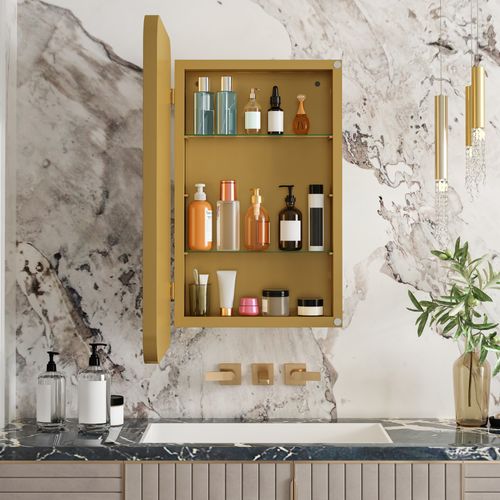 Miroir Avec Rangement Salle De Bain Dorée, Cadre Métal, Armoire Cachée, Étagères Réglables