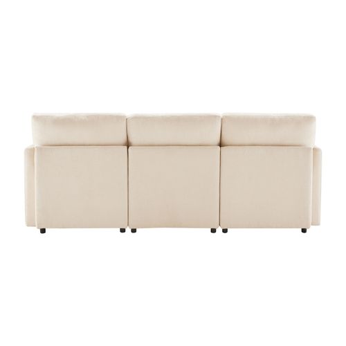 Canapé D'angle 3 Places 216x161 Cm En Tissu Chenille Beige Avec Pouf Et 4 Coussins