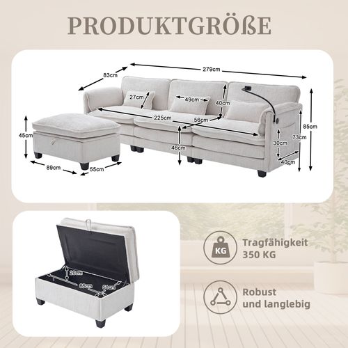 Canapé D'angle 3 Places 279x83x85 Cm, Tissu Chenille Beige, Port USB Et Pouf De Rangement